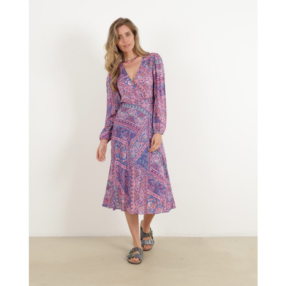 ba&sh Franky Midi Dress Boho Paisley Print Long Sleeve V-Neck Size Small
